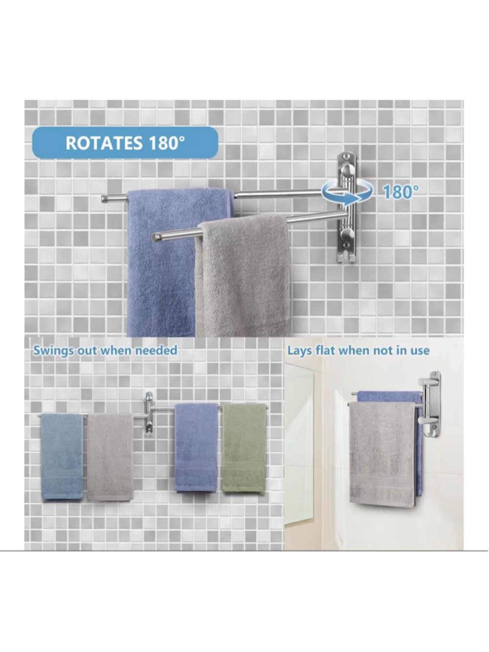 NEW Bathroom Towel Rack JSVER Stainless Steel Rotates Adjustable 2 Arms